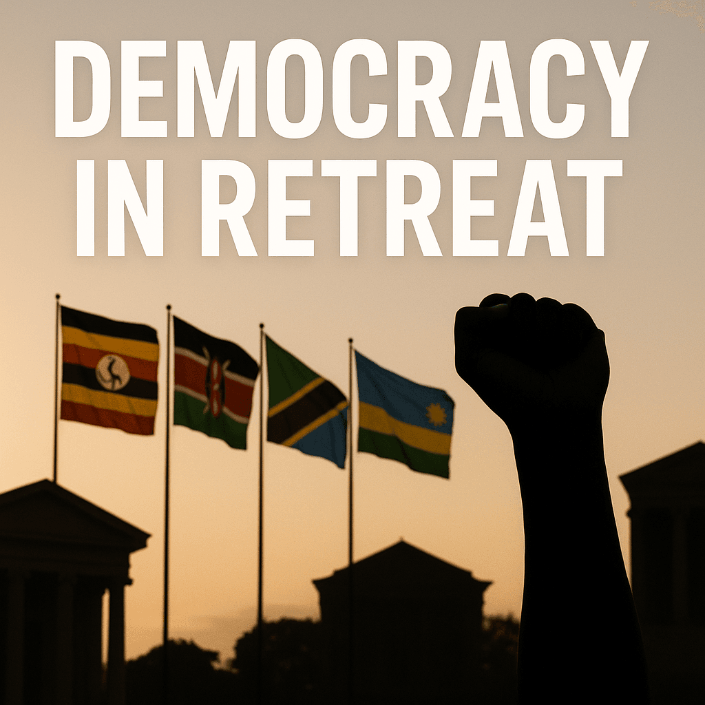 Silhouette of a raised fist in front of the flags of Uganda, Kenya, Tanzania, and Rwanda at sunset, with bold white text reading "Democracy in Retreat" symbolizing the decline of democratic governance in East Africa.
