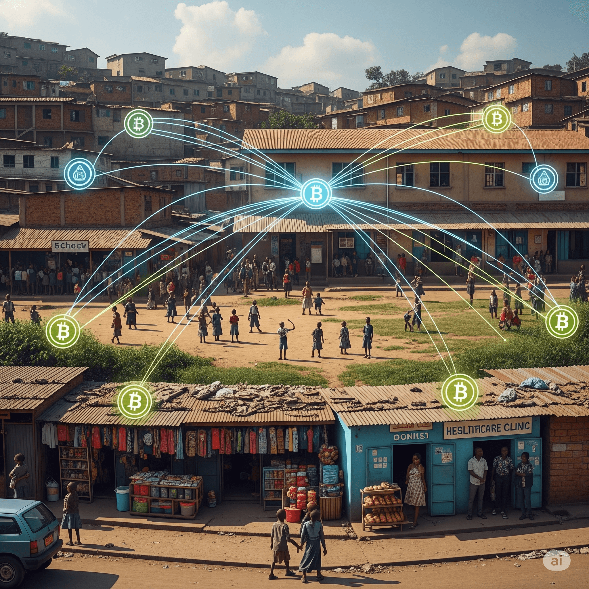 A panoramic view of Kibera slum in Nairobi, Kenya. Overlaid on the realistic photo is a glowing, ethereal network of lines emanating from a central point. These lines connect to various elements within the slum, including a school, a small business, and a healthcare clinic. The lines subtly transition in color from a digital blue at the center to a warm, earthy yellow or green as they extend outwards.